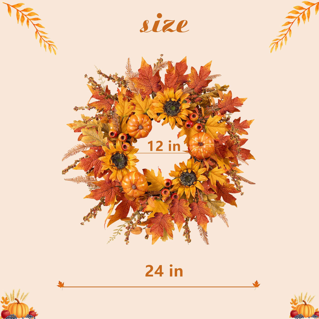 Fall Wreaths for Front Door 24 Inch Fall Wreath with Pumpkins Sunflowers Maple Leaves and Orange Red Berries Autumn