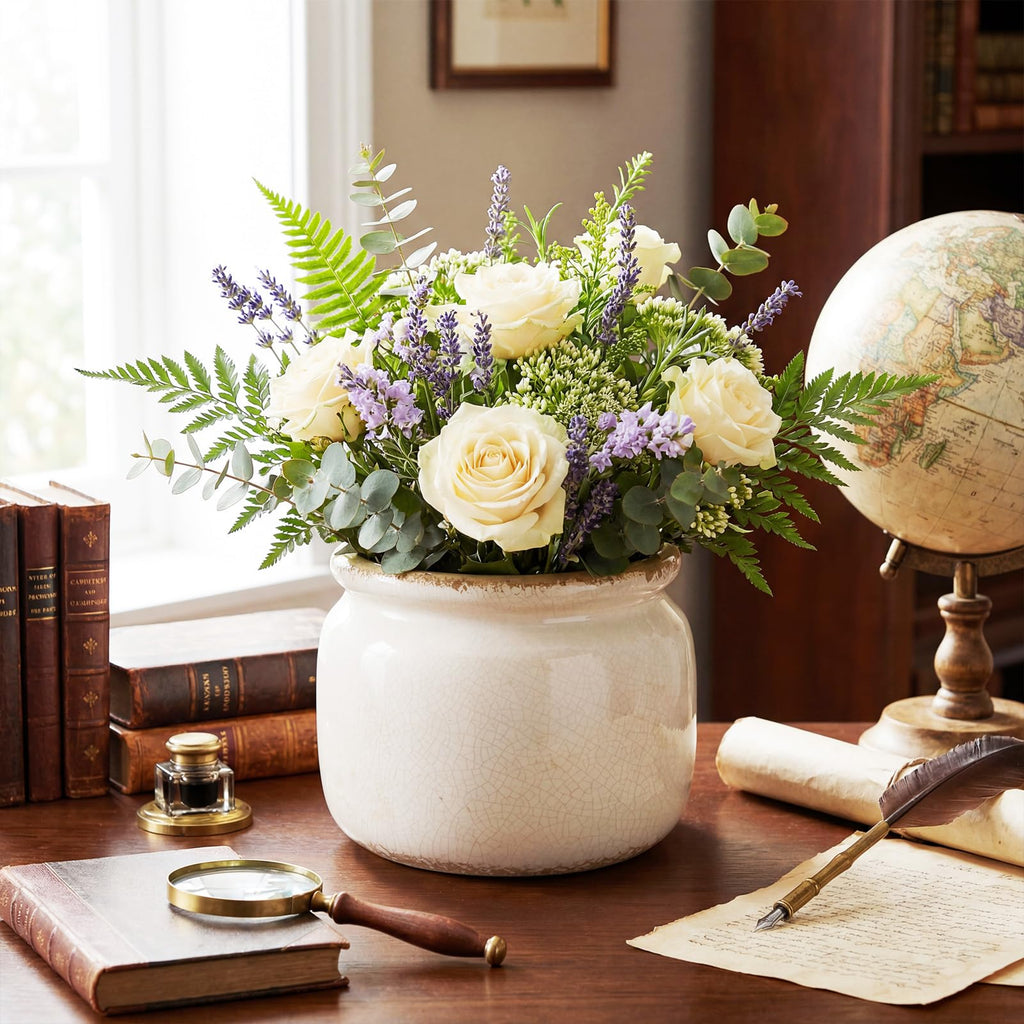 7.7′′ Large Vintage Ceramic Plant Pot Pure Beige Rustic Planter with Ice Crackle Glaze & Drainage Hole for Indoor