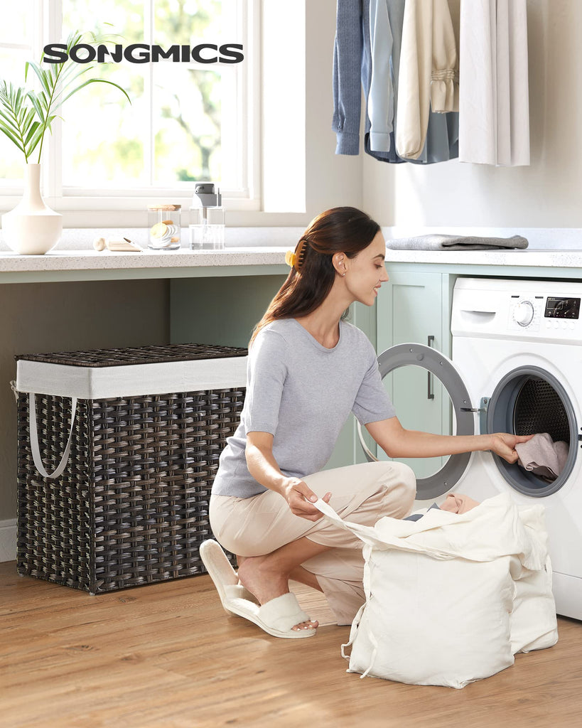 Laundry Hamper with Lid, 130L Double Wicker Basket, 6 Mesh Bags