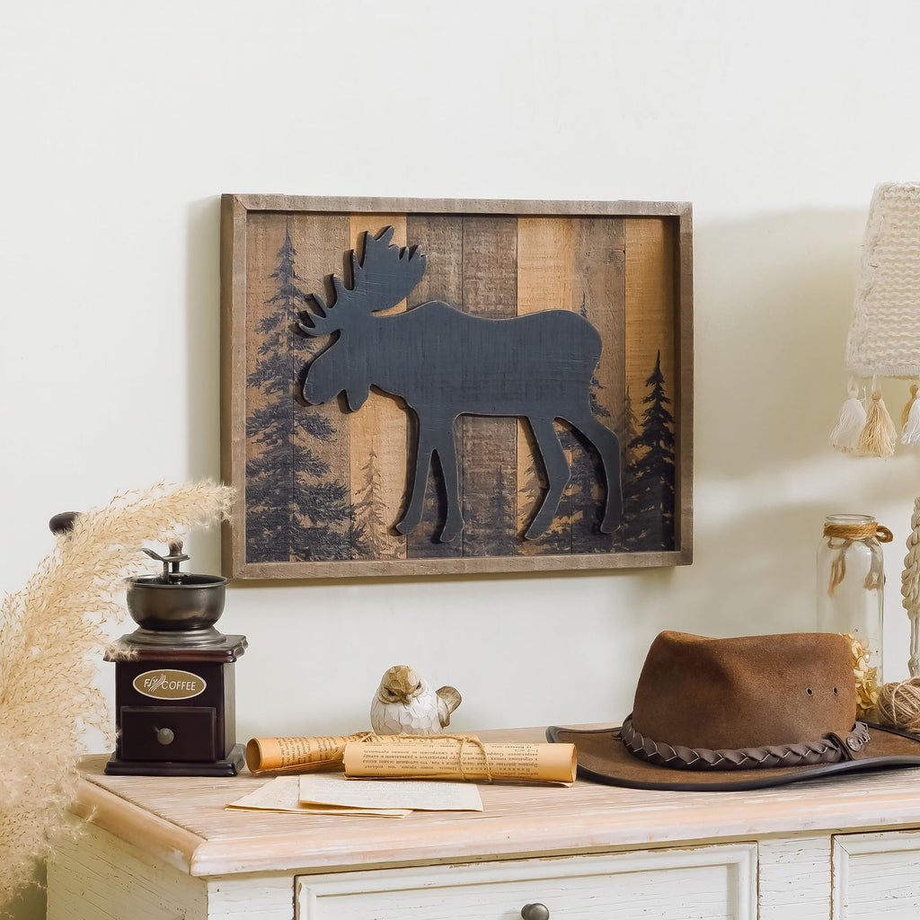 Cabin Wall Decor, 3D Moose Solid Wood Forest Mountain Woodland Wildlife Lodge Animal Picture Art Bathroom Decor, 16 x