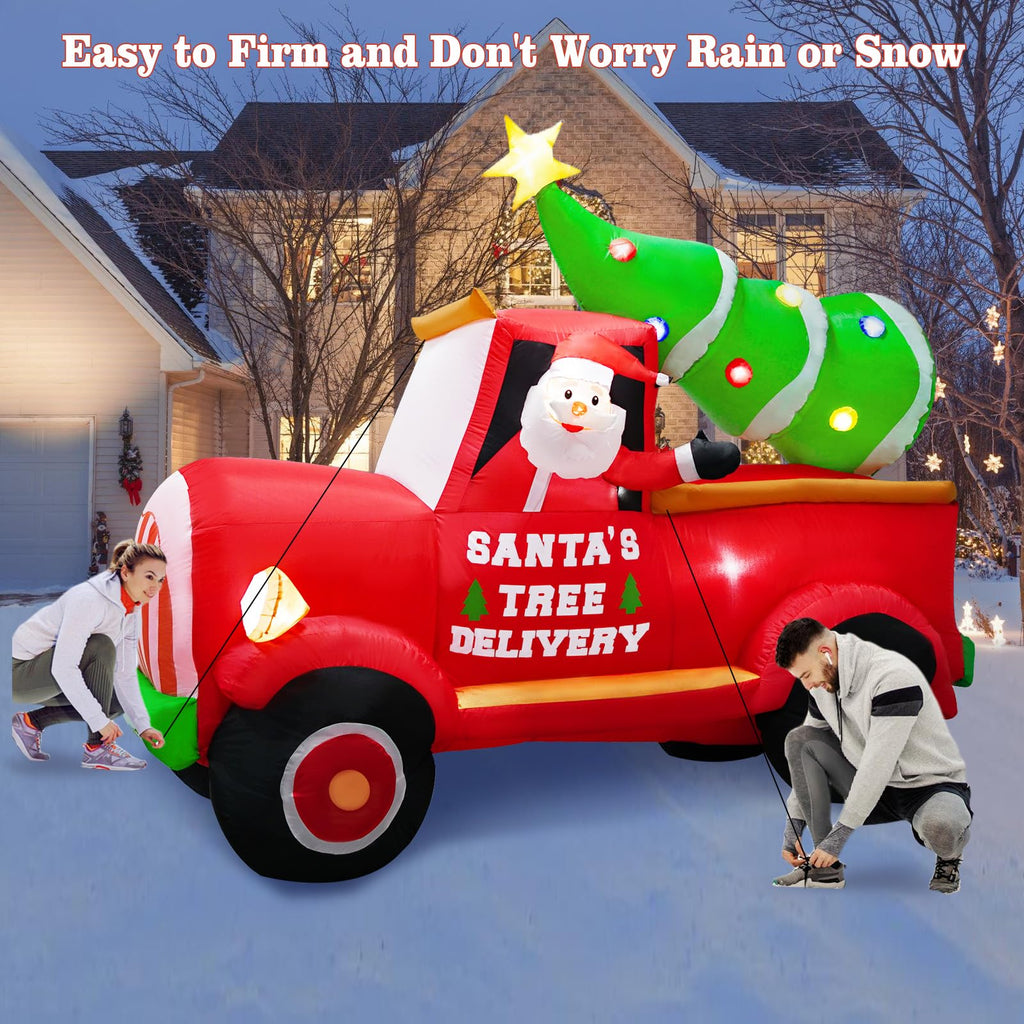 7FT Length Christmas Inflatable Santa Driving Truck with Christmas Tree Decoration, Xmas Blow Up Santa Inflatables