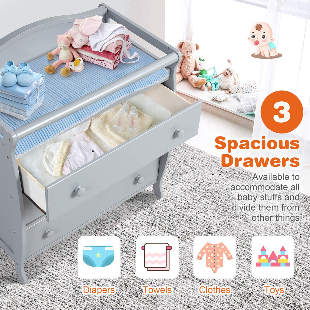 3-Drawer Changing Table, Infant Diaper Changing Station with Drawers, Safety Rails & Strap, Baby Changing Table