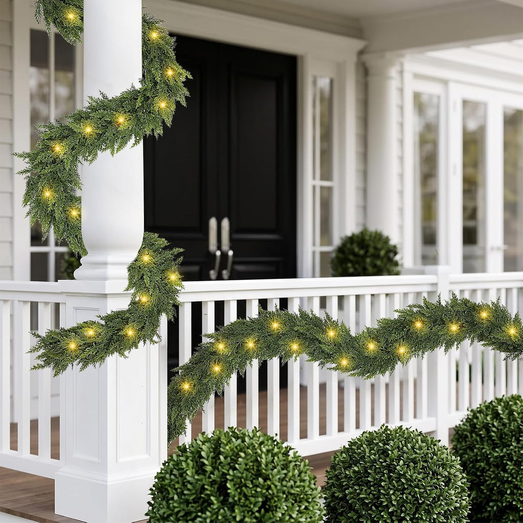 18 FT (2 * 9FT) Cedar Garland with Lights - Realistic Prelit Christmas Garlands for Mantle, Stairs, Fireplace, Indoor