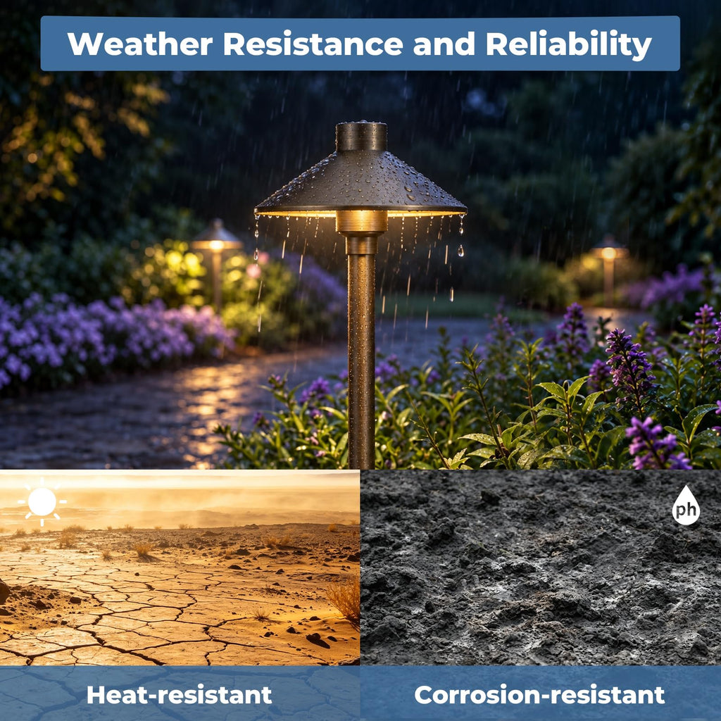 Solid Brass Low Voltage Landscape Pathway Lights (6.7'' Shade, 21.9'' Tall), 12V Commercial Grade LED Path Lights