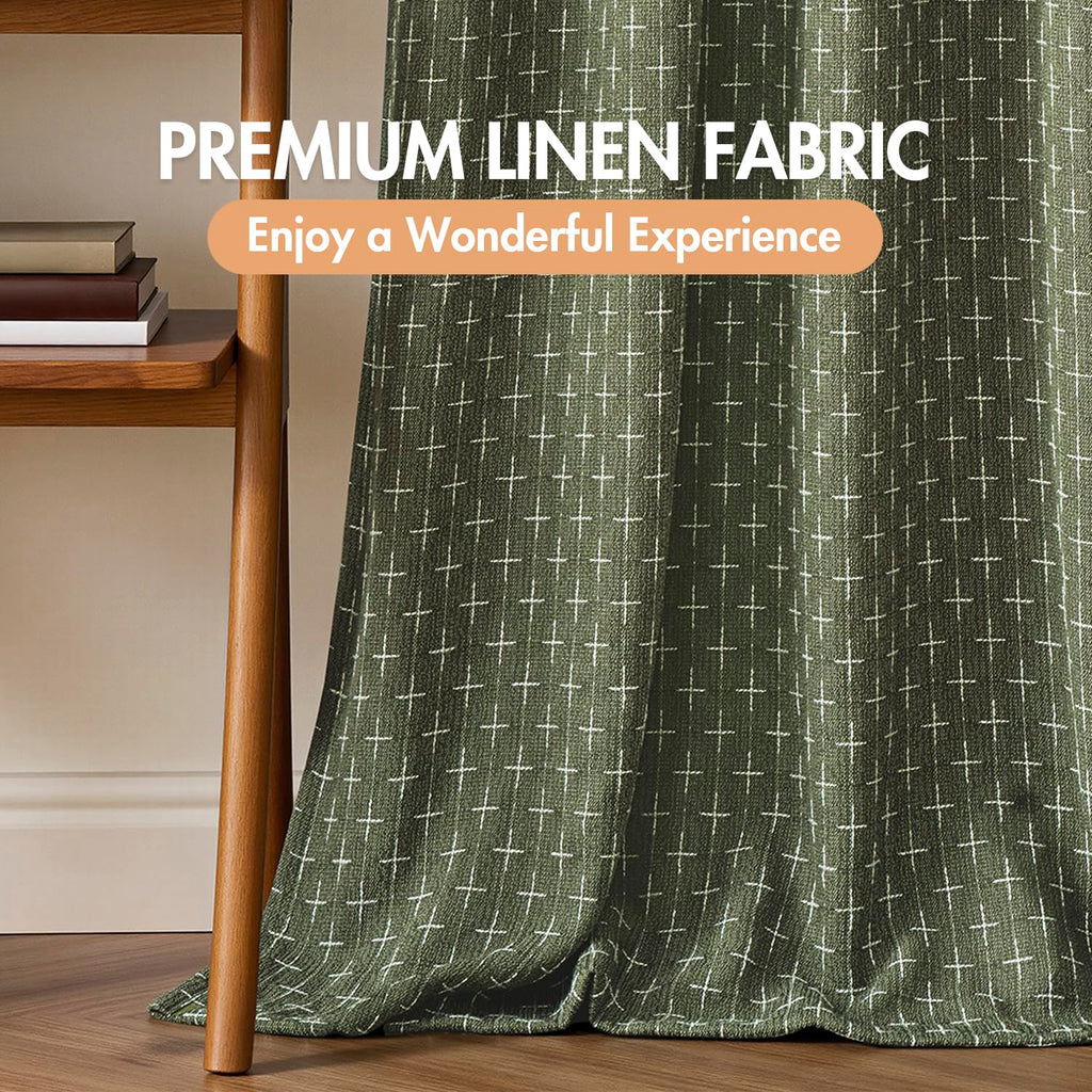 100% Blackout Decorative Linen Curtains with Geometric Pattern, Thick Woven Farmhouse Rustic Patterned Drapes with