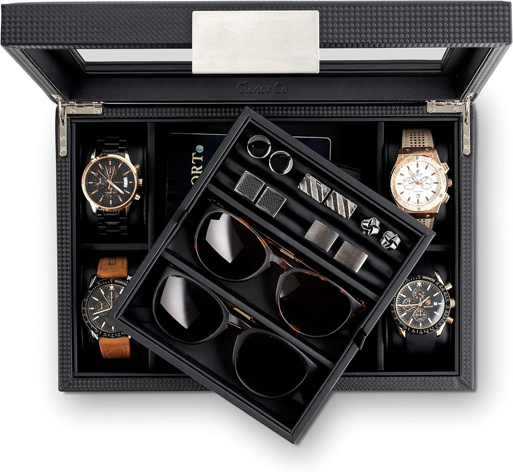 Valet Jewelry Box for Men - Holds 4 Watches, 12 cufflinks, 2 Sunglasses & Tray Storage - Mens Watch Case