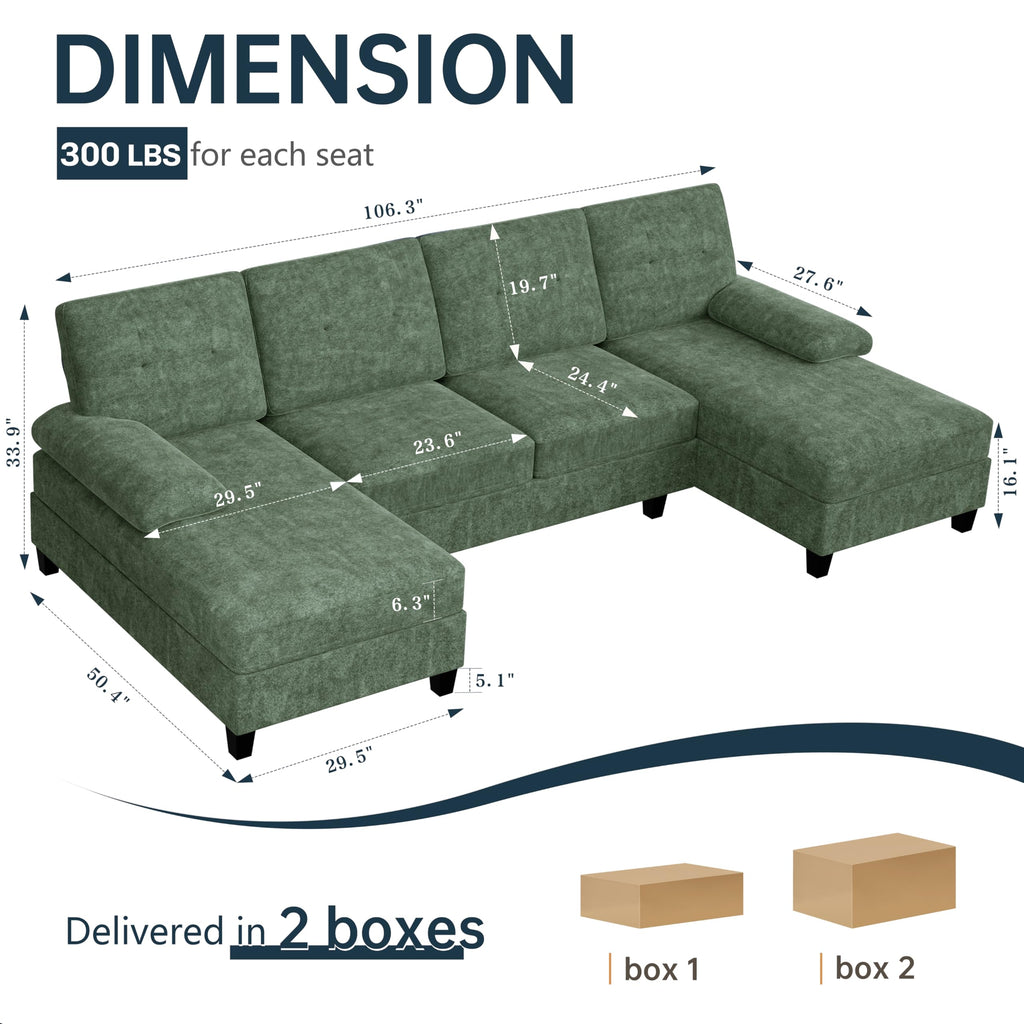 Sectional Couches, 106 in U Shaped Couch Soft Sectional Sofa with Double Chaise, Comfortable Fabric 4 Seat Sofa
