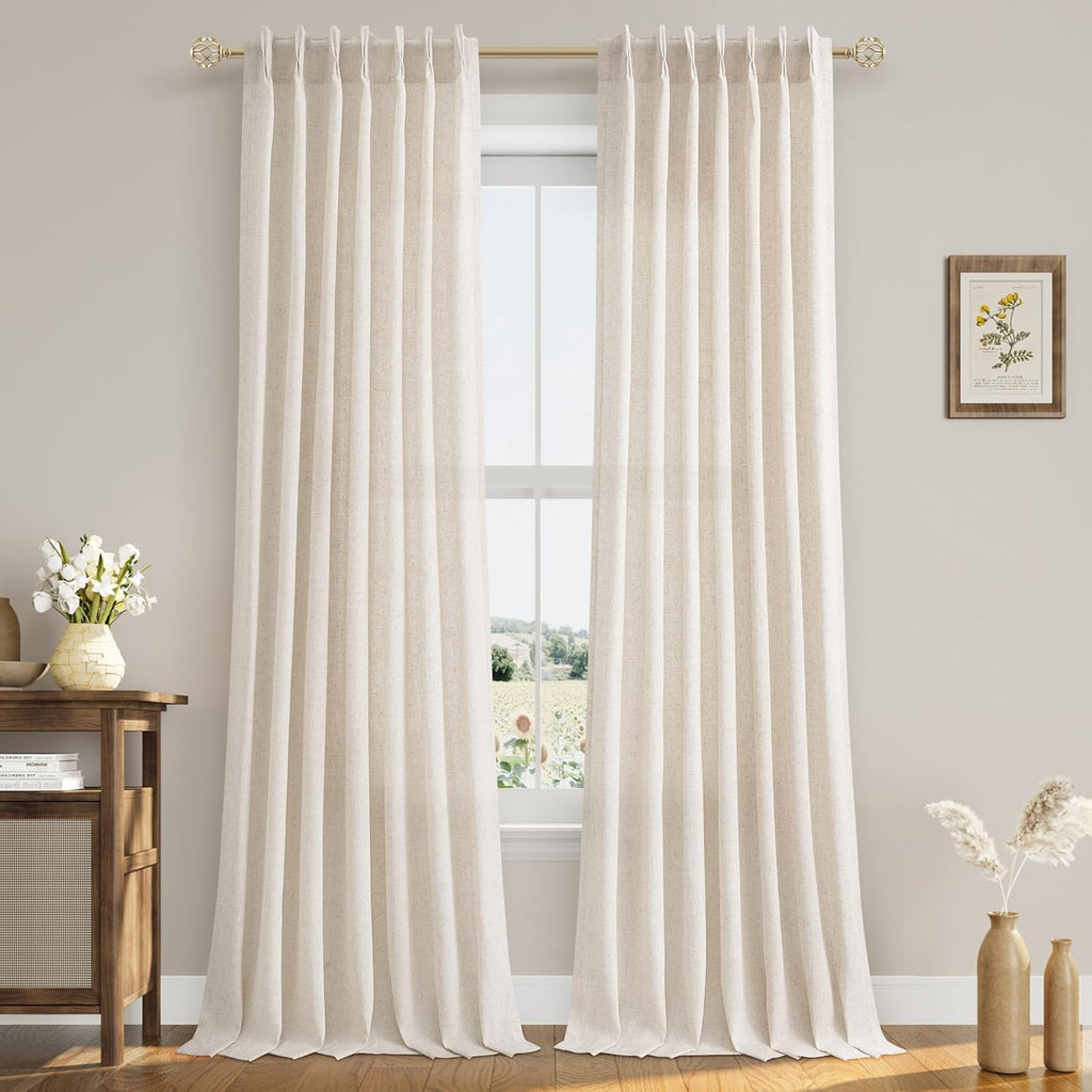 Extra Long Linen Curtains 108 Inch for Living Room Cream Pinch Pleated 9 FT Drapes Semi Sheer Ceiling to Floor