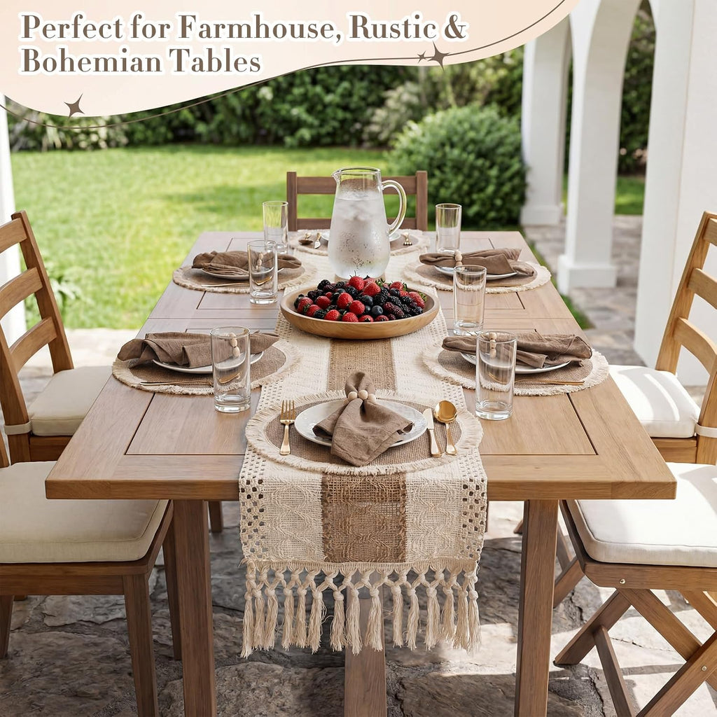 8 Sets of Placemats and Table Runner, Farmhouse Rustic Jute Decor | Round Placemats with Napkins,Wood Bead Rings,Jute
