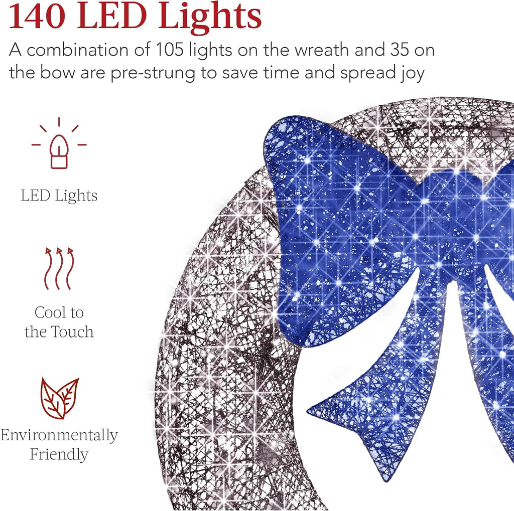 48in Pre-Lit Outdoor Christmas Wreath Decoration, LED Metal Holiday Decor w/ 140 Lights, Bow - Hanukkah Silver/Blue
