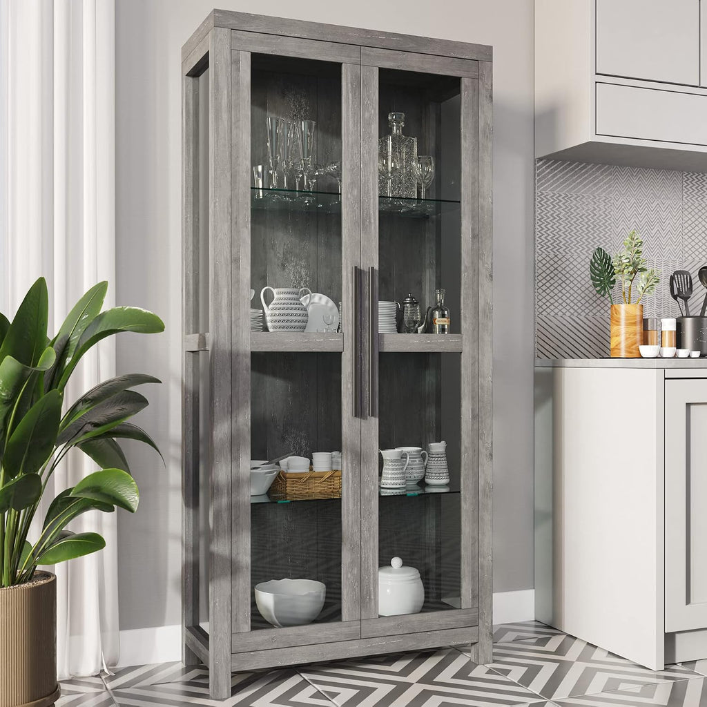 68" Avalon Glass Display Cabinet - Gray Wash | Adjustable Shelves,Tempered Glass Doors,Tall Curio Cabinet,Trophy