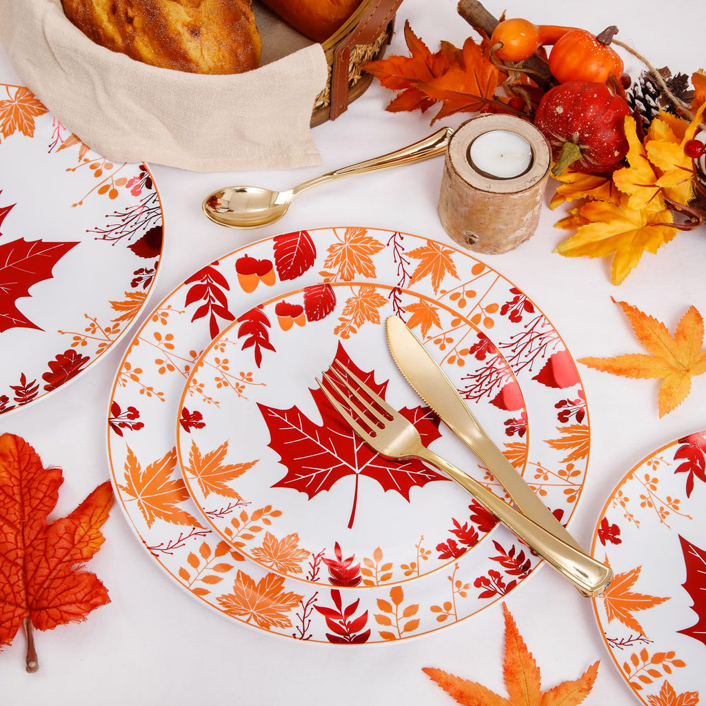 Thanksgiving Plastic Plates- Include 30 Dinner Plates, 30 Dessert Plate, 30 Forks, 30 Gold Spoons, 30 Gold