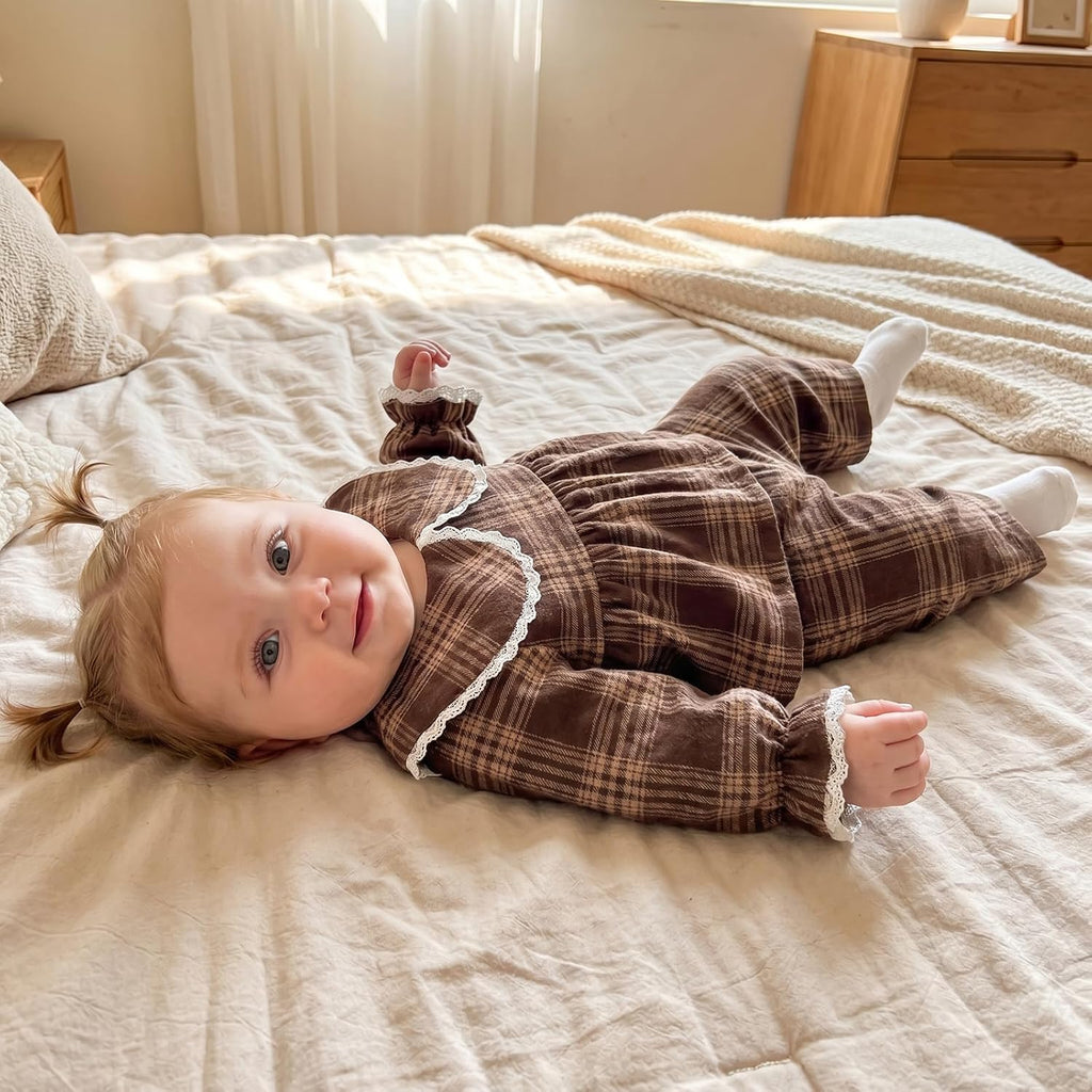 Baby Girl Peter Pan Collar Outfit Gingham Top Pants Set Fall Winter Clothes