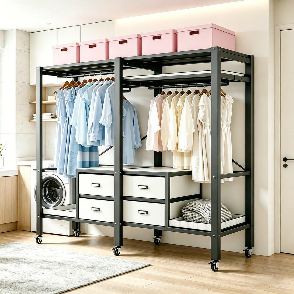 Heavy Duty Clothes Rack with Cover, Foldable Portable Wardrobe Closet with Drawers, Rolling Black Metal Garment Rack