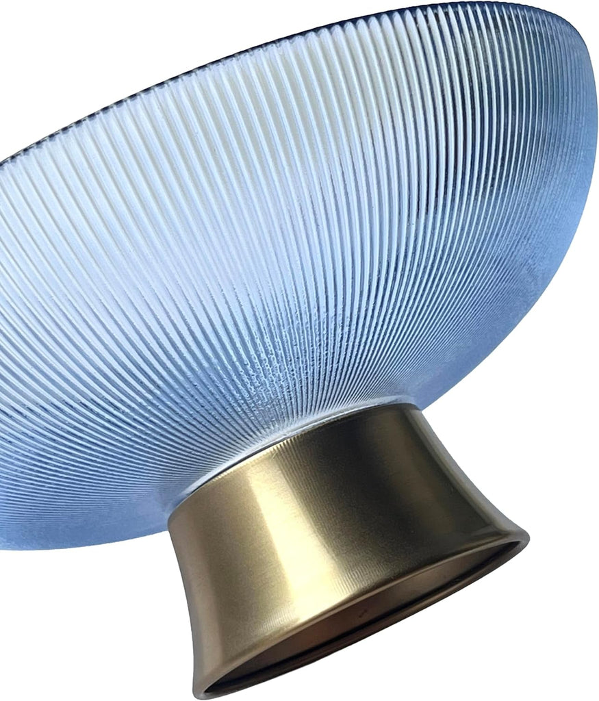 Round Glass Decorative Bowl (Blue), 9.8 Inches Handblown Striped Design Glass Bowl with Rust Resistant Metal