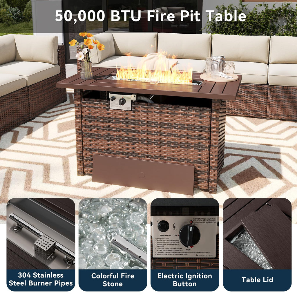 8 Piece Outdoor Patio Furniture Set with 44'' Fire Pit Table, Outdoor Patio Furniture Set with 4'' Thicken Cushion
