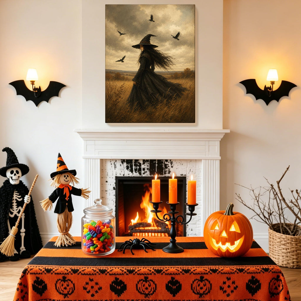Halloween Canvas Wall Art, Retro Witch with Flying Crows Canvas Prints