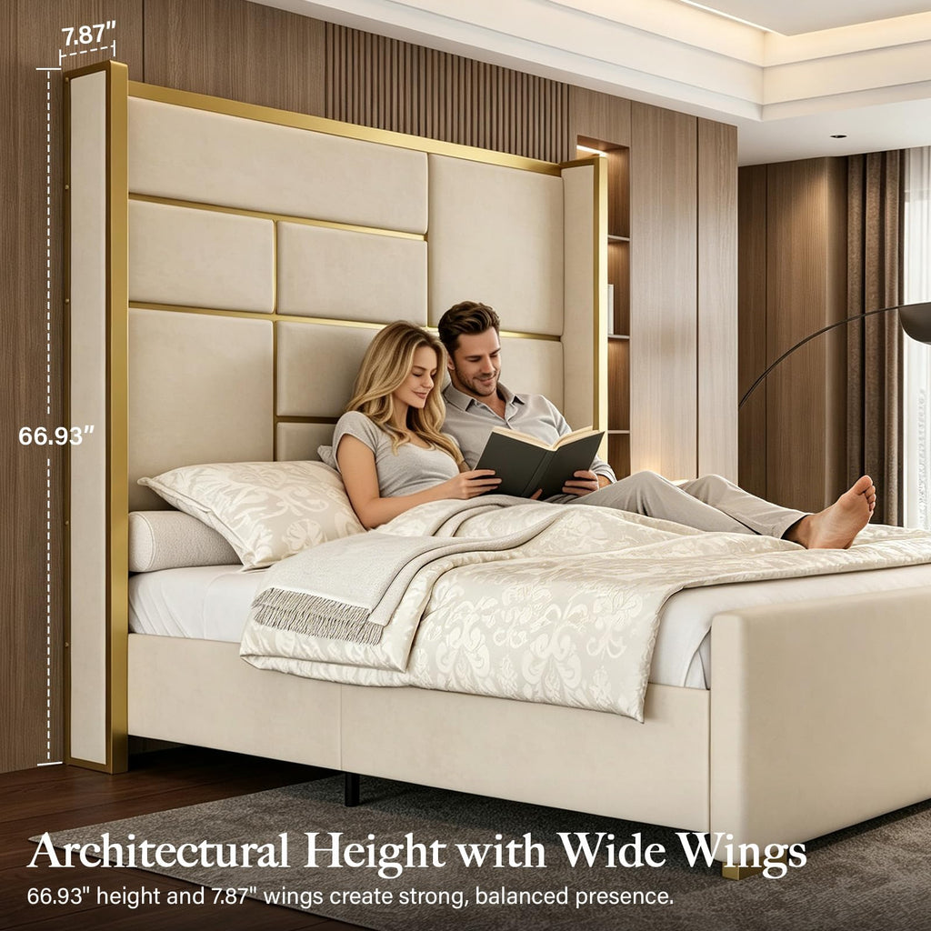 King Size Bed Frame with Gold Trim Headboard, 66.9" Tall Bed, Beige