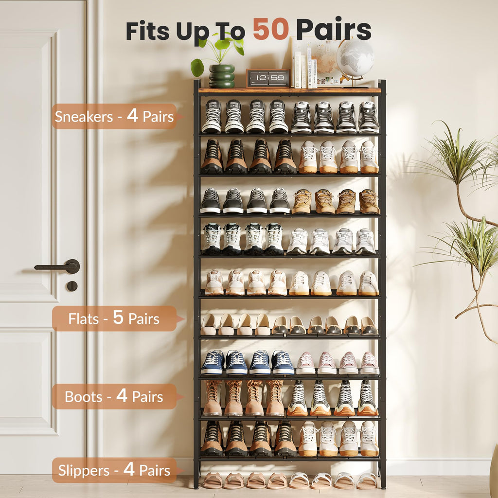 10 Tier Shoe Rack Organizer for 40-50 Pairs, Tall Metal Shoe Storage Shelf with Wood Top, Adjustable Boot Space