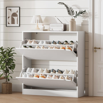 Shoe Storage Cabinet with 2 Flip Drawers, Wood Freestanding Hidden Shoe Storage, Narrow Slim Sturdy Shoe Organizer