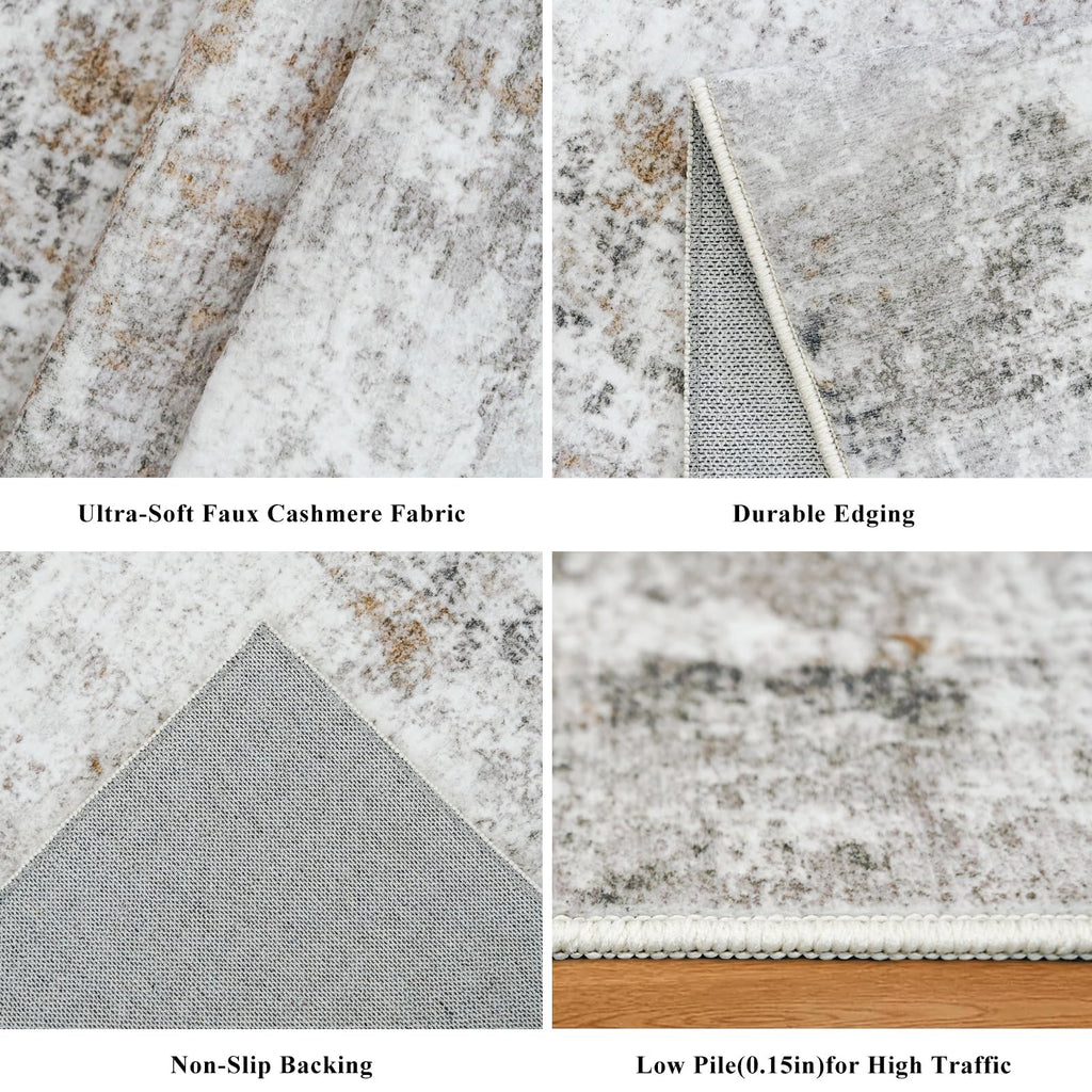 5x7 Non-Slip Machine Washable Area Rug - Modern Abstract Neutral Carpet - Soft Low Pile Stain-Resistant Rug with