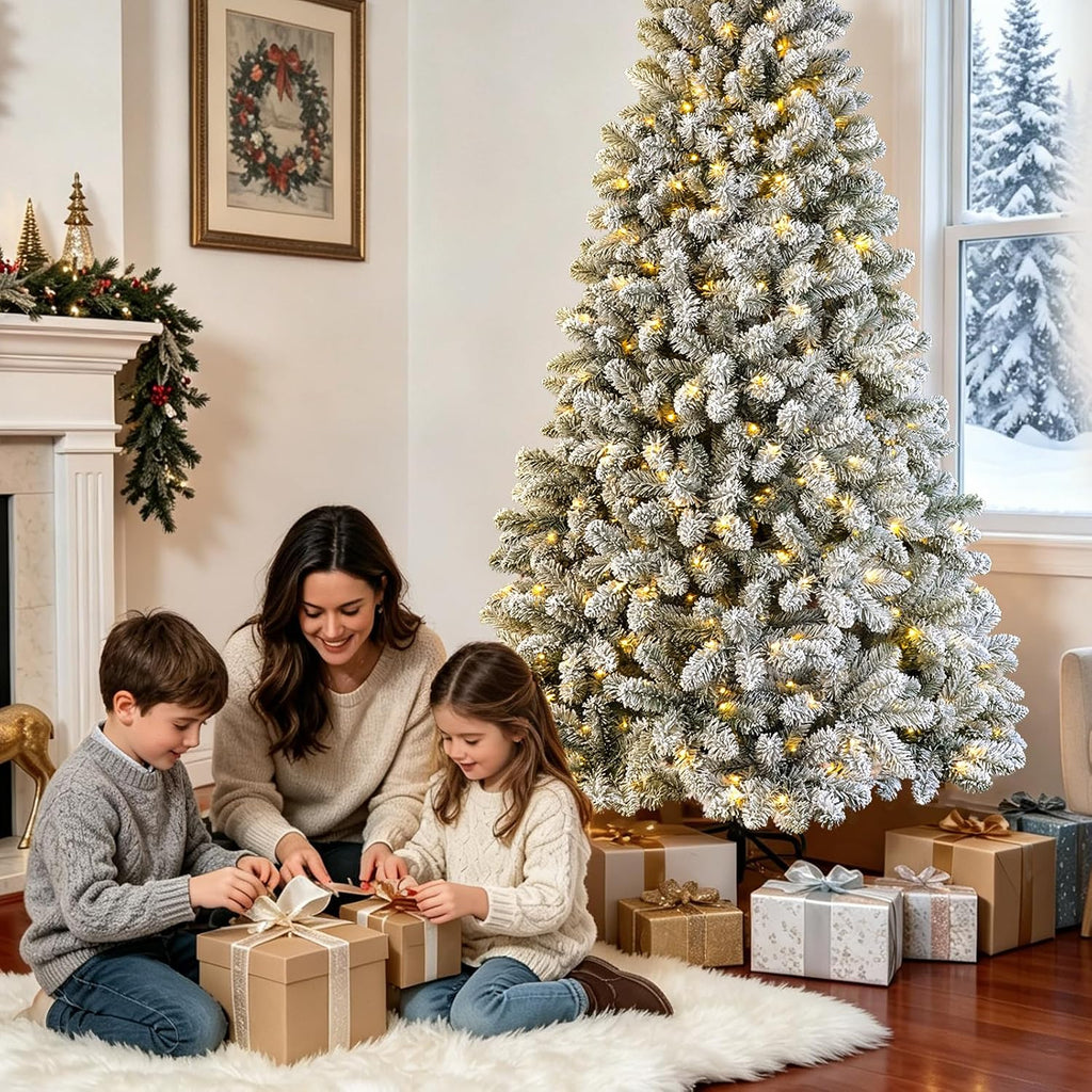 Pre-Lit Christmas Tree with 560 LED Light,Snow Flocked Prelit Tree Premium Pre-Decorated Artificial Holiday