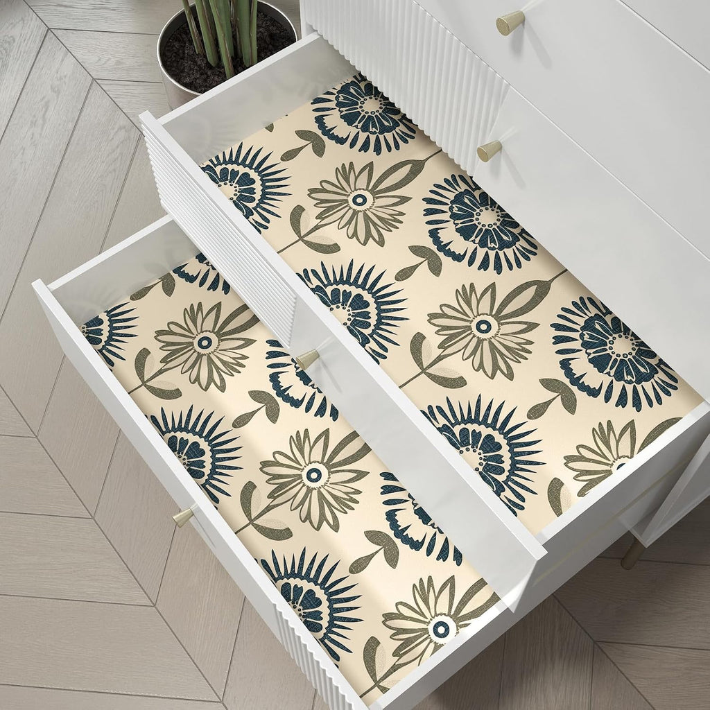 Boho Floral Peel and Stick Wallpaper Beige Blue 17.5 x 393.5In | Extra Long Symmetry Contact Paper Modern Wall Paper