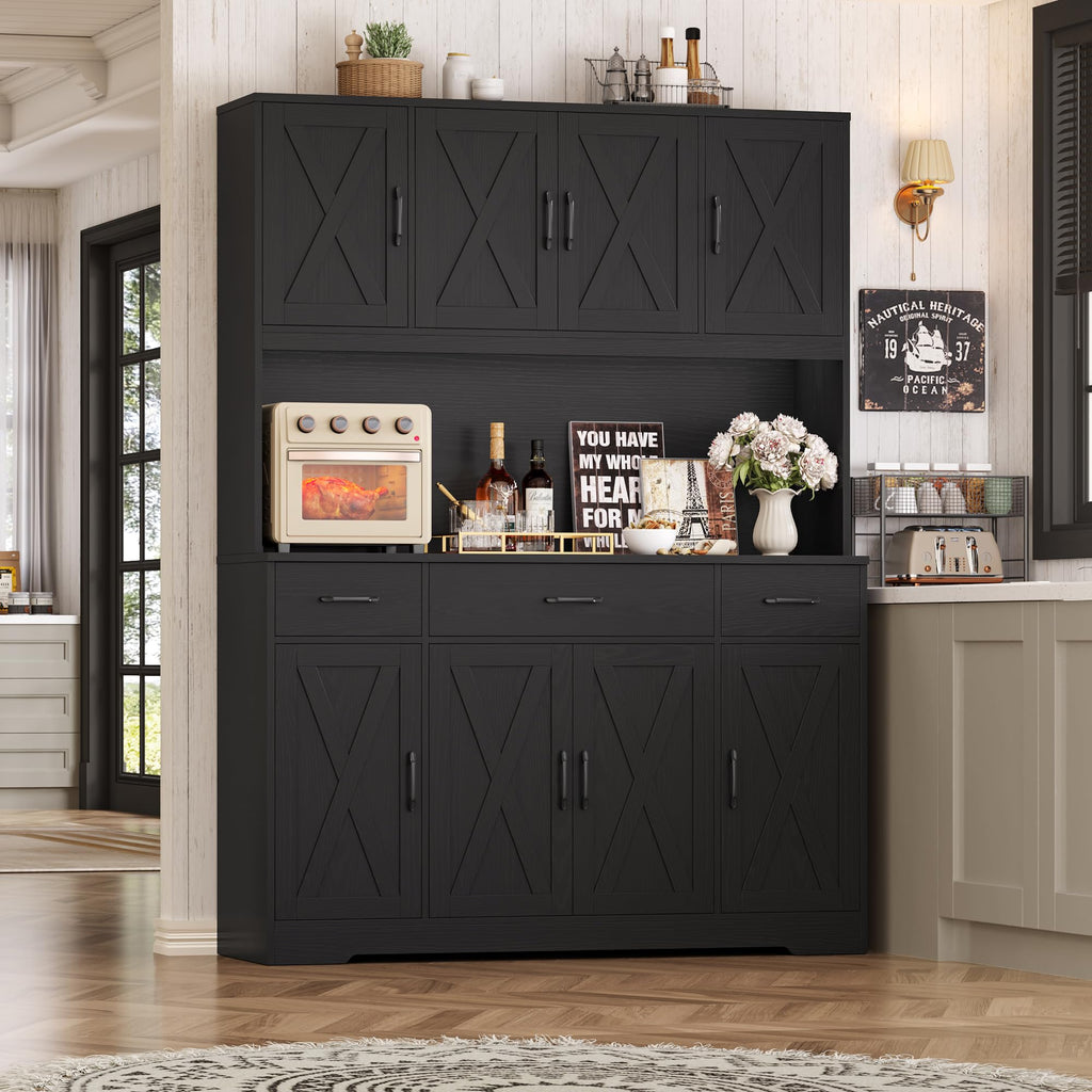 71" H Kitchen Pantry Cabinet, 55" Kitchen Hutch, Black Wood Grain