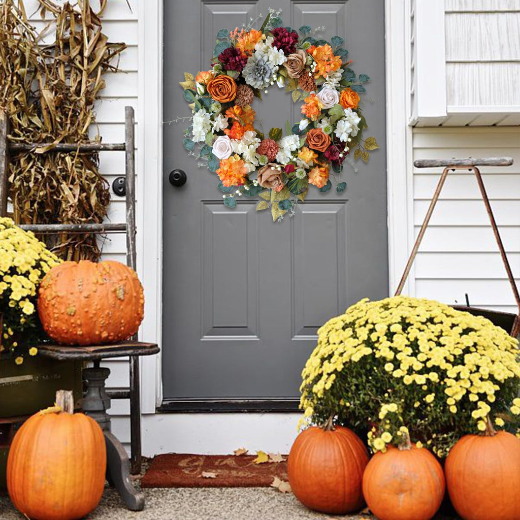 24 Inch Fall Wreath for Front Door with Orange Peony and Dahlia Flowers