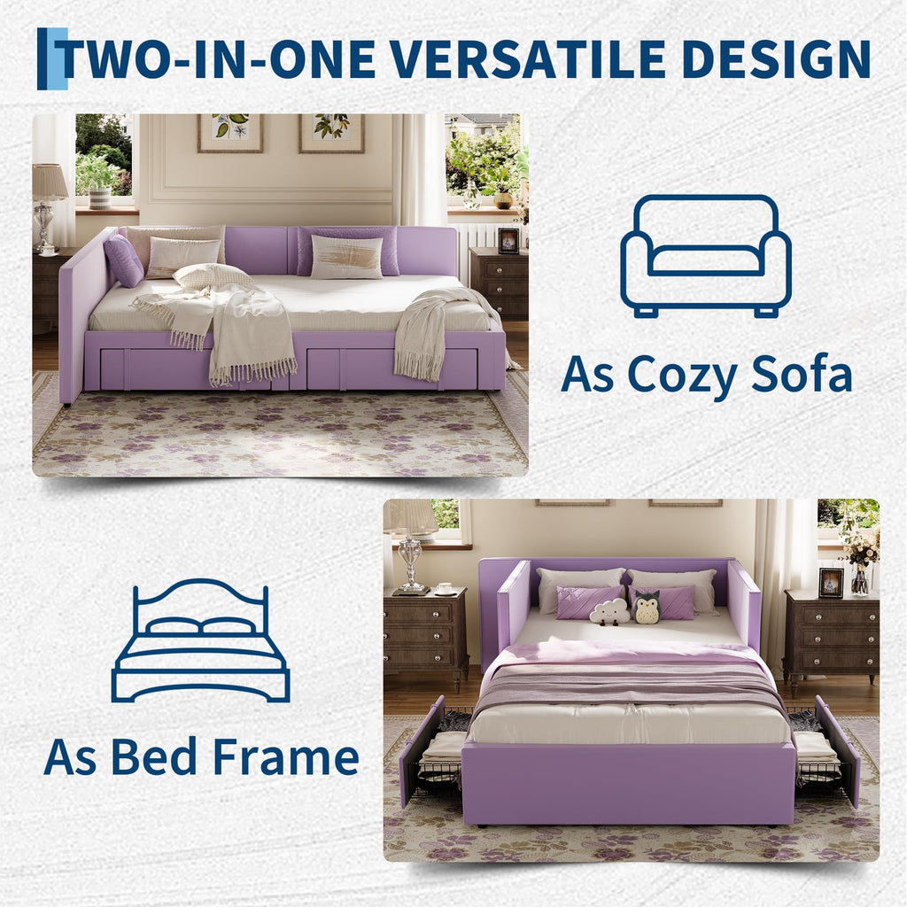 Twin Daybed with 2 Storage Drawers, Corner Bed Frame with Extended Headboard and Bed Rails, Velvet Upholstered Sofa