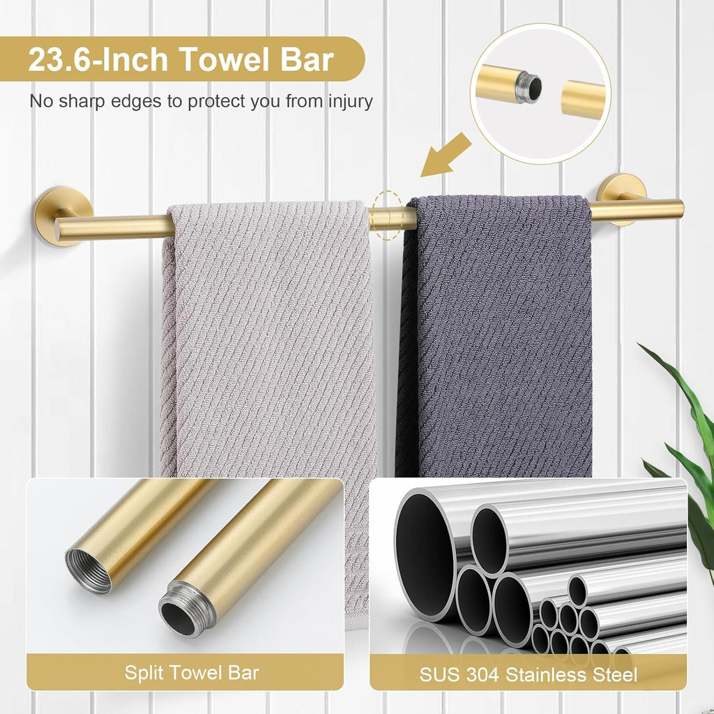 Brushed Gold Bathroom Hardware Set 6-Piece Bathroom Accessory Set 23.6 Inch Round Stainless Steel Towel Bar Set Wall