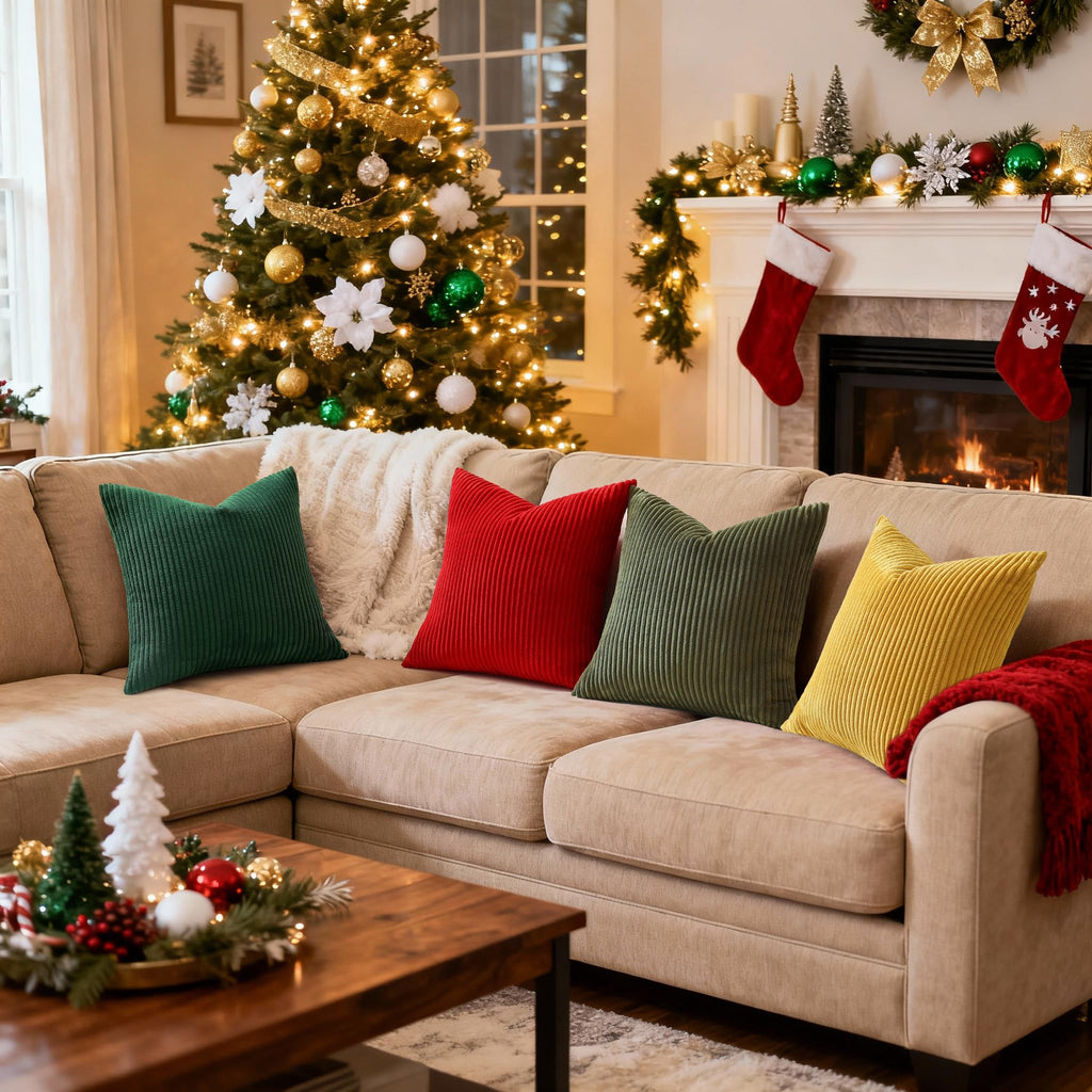 Soft Corduroy Throw Pillow Covers 18x18 Set of 2 Christmas Green