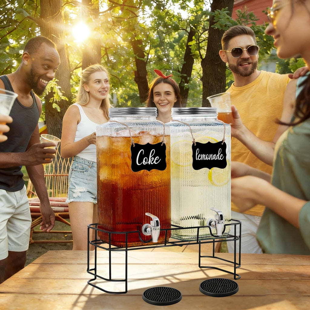 Gallon Glass Drink Dispenser with Stand Spigot Drink Coasters and Filter Leakproof Water Jar Clear Iced - Set of 2