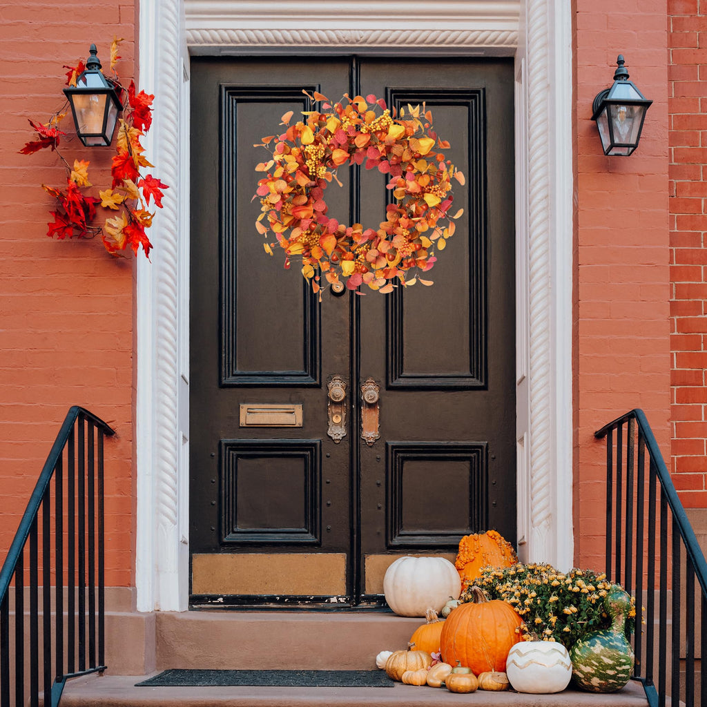 Artificial Fall Wreath 20'' Autumn Front Door Wreath with Eucalyptus Leaves Berries Small Pumpkins Lantern Fruit for