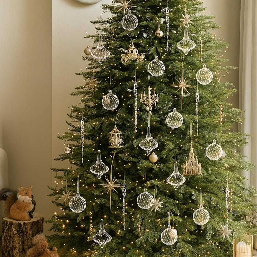 Clear Christmas Glass Ornaments Ball Icicle Drop Ornaments - Set of 18