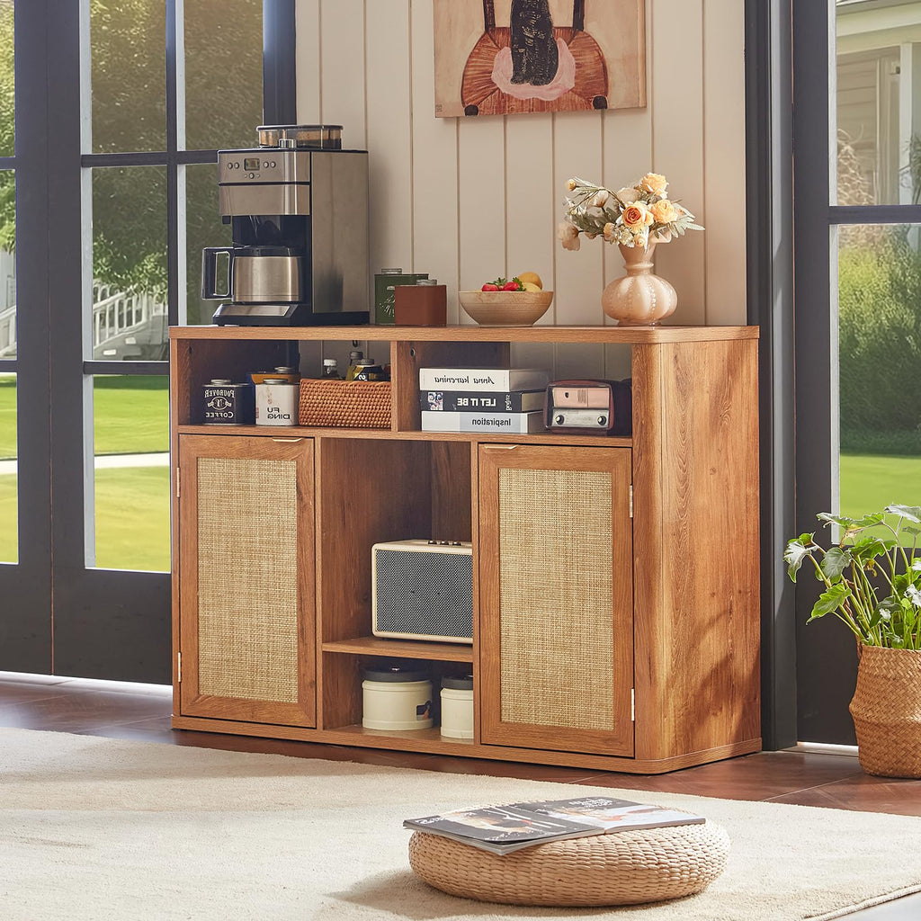 Rattan Wine Bar Cabinet with Storage, Tea Brown
