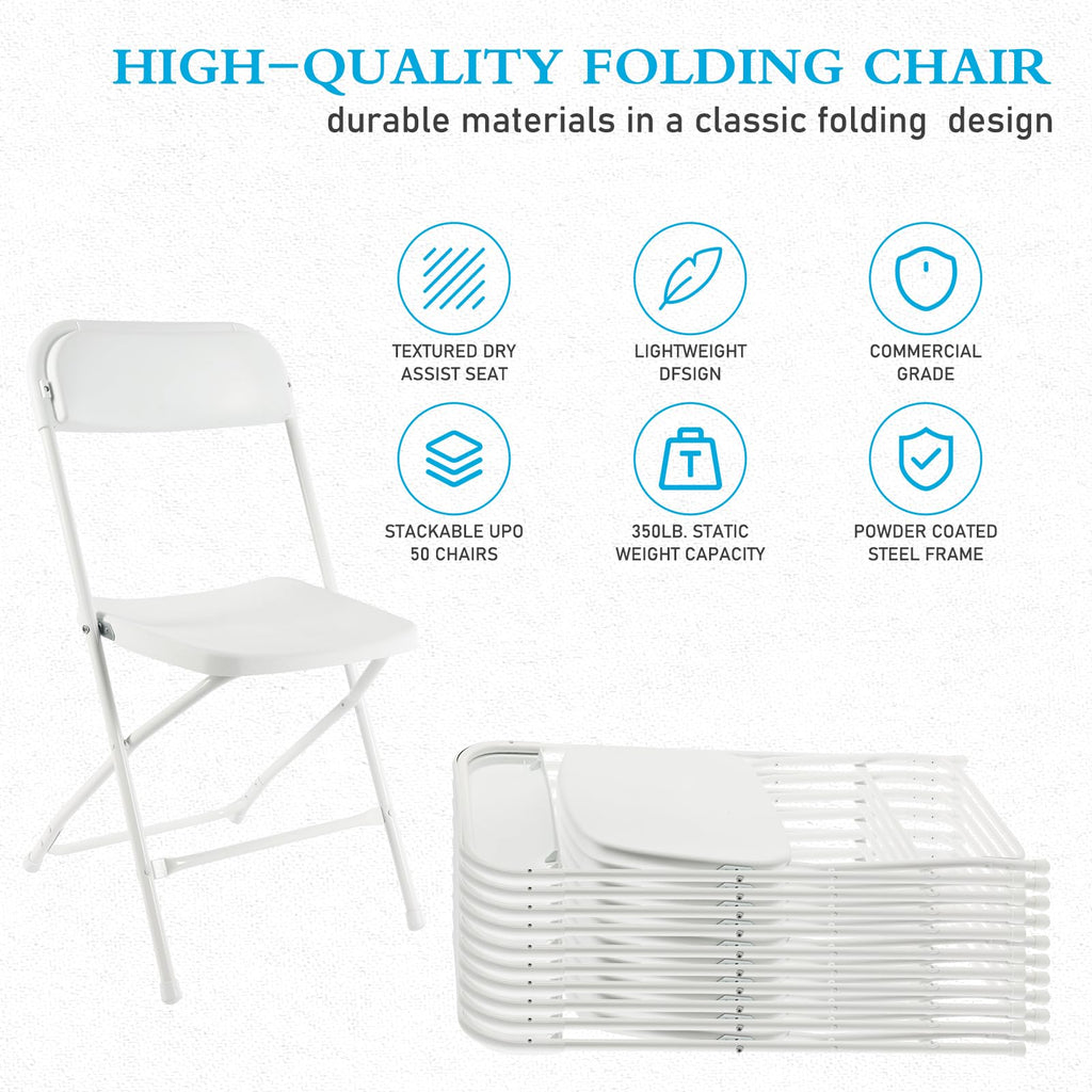80 Pack White Plastic Folding Chairs with Steel Frame