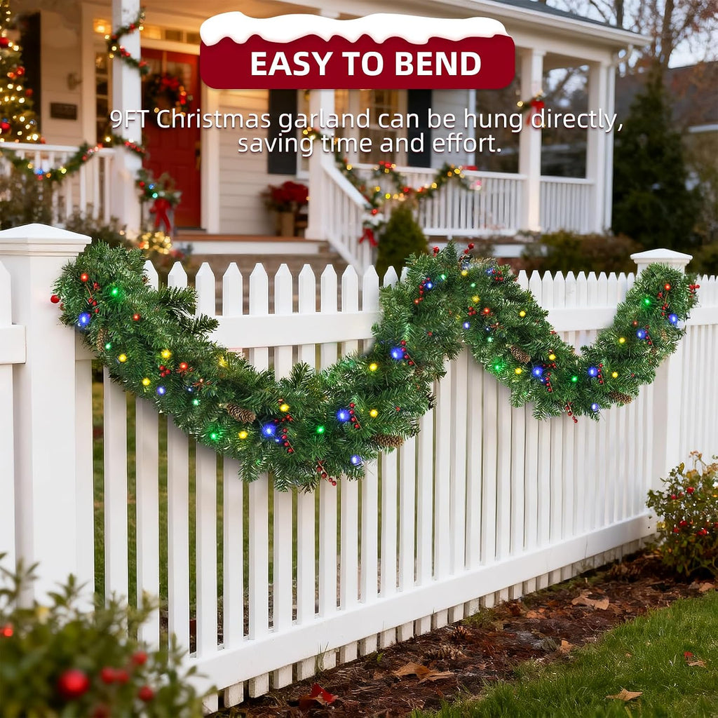 9FT Prelit Christmas Garland - Holiday Garland with 50 Multicolor LED Lights, 8 Pine Cones & 8 Red Berries, Battery