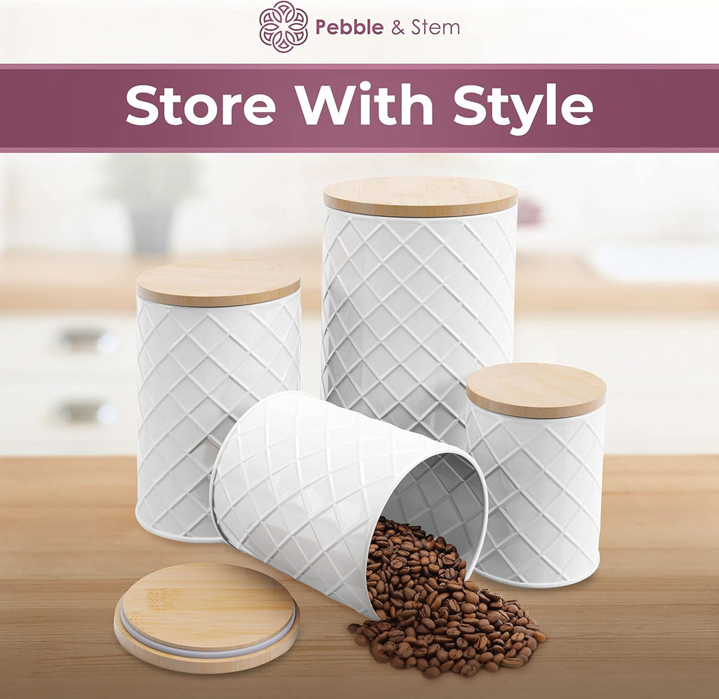 White Metal Canister Set for the Kitchen Counter, Food Canister, Airtight Lids, Sugar and Flour Containers - Set of 4