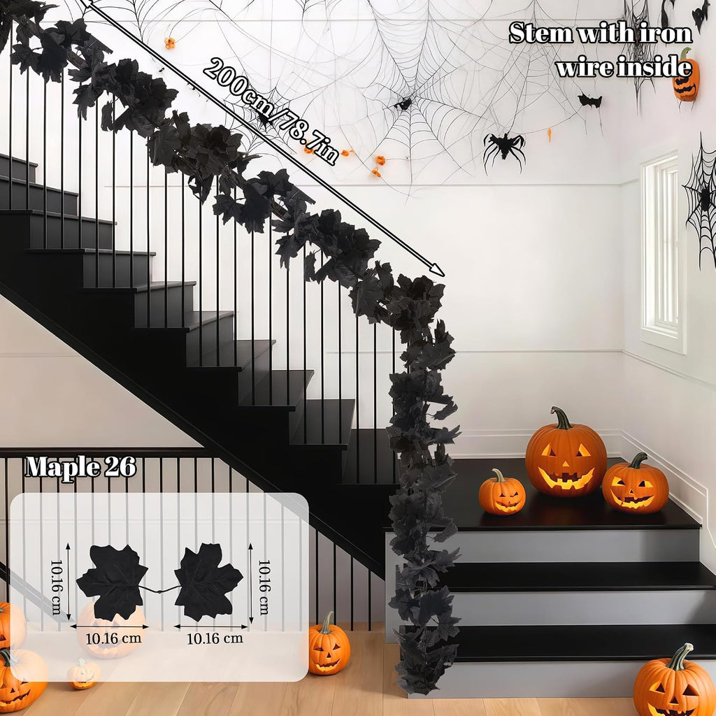 FT Black Garland Halloween Artificial Black Maple Leaf Garlands Fall Leaves Vines for Autumn Thankgiving - Set of 2