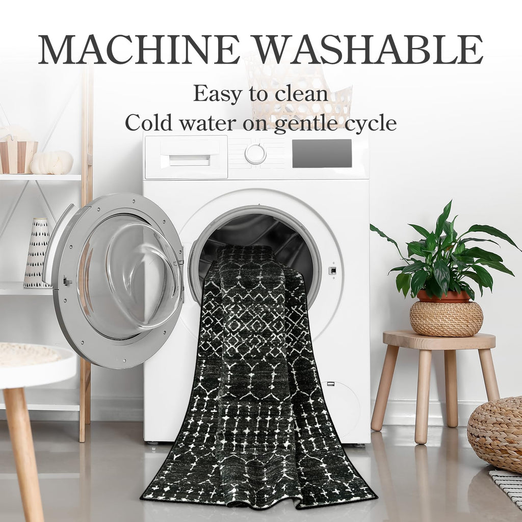 Moroccan Runner Rugs, Long Kitchen Rugs Runner Washable Ultra-Thin Non Slip Carpet, Soft Modern Geometric Print