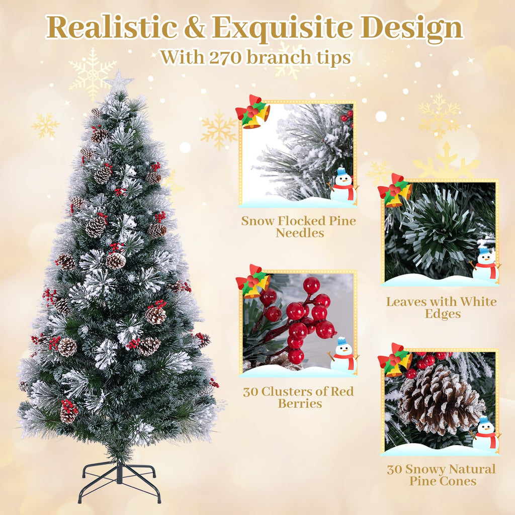 7 FT Pre-lit Fiber Optic Christmas Tree, Artificial Xmas Tree w/270 Snow-Flocked Branch Tips, 76 Cold White LED