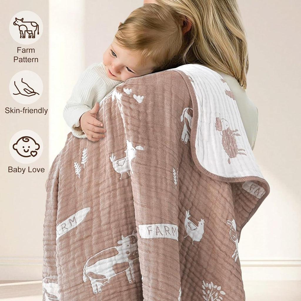 Ultra Soft Muslin Baby Blanket 6 Layers Neutral Swaddles Bed Blankets with Lovey Animal Design for Newborn Babies