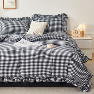 Gingham Comforter Set 5 Pieces Black Ruffled Bedding Sets