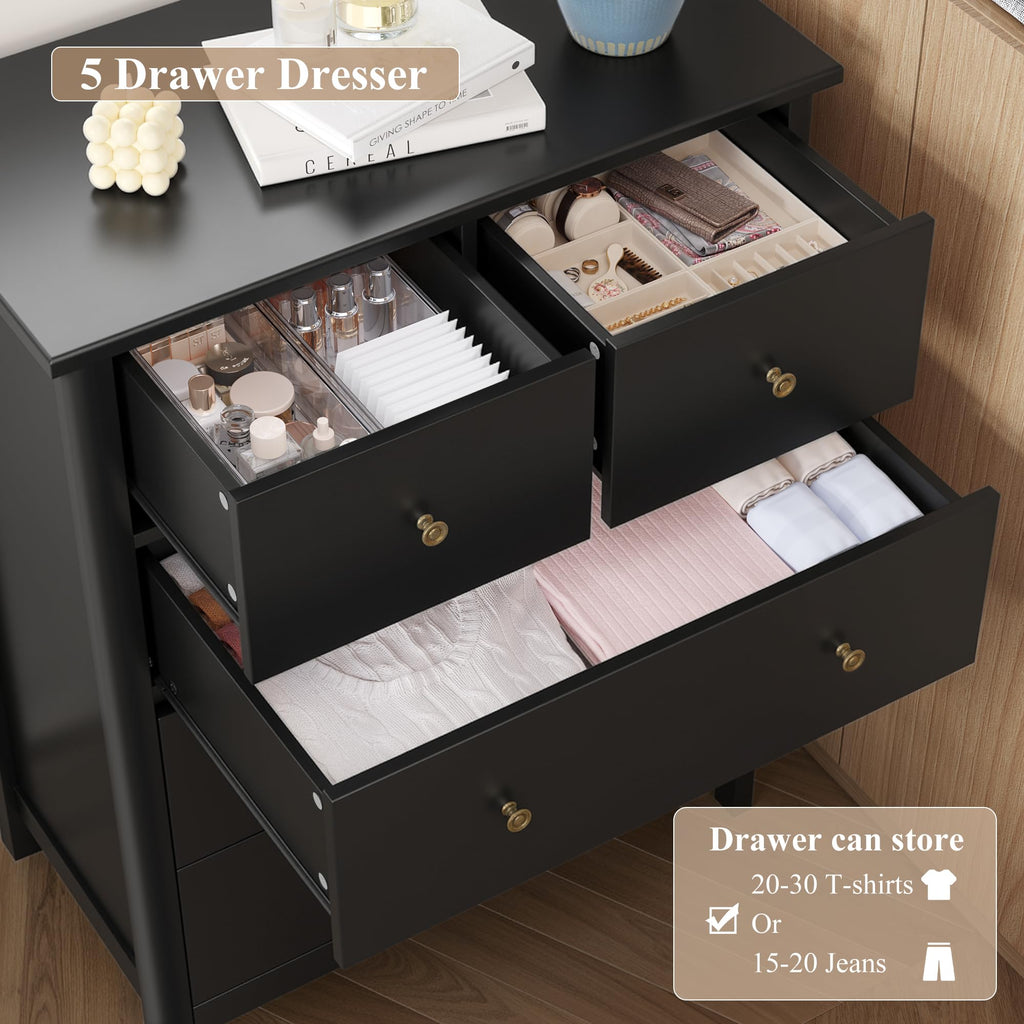 Black with 5 Drawers, Chest of Drawers, 5 Drawers | 29" W Modern Wood with Practical 2 Size Drawers, Space-Saving