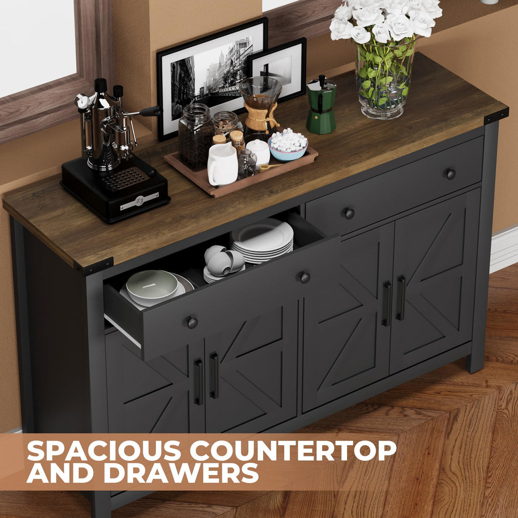 55" Sideboard Buffet Cabinet with Storage, Coffee Bar Cabinet with 2 Drawers and 4 Barn Doors, Long Storage Cabinet