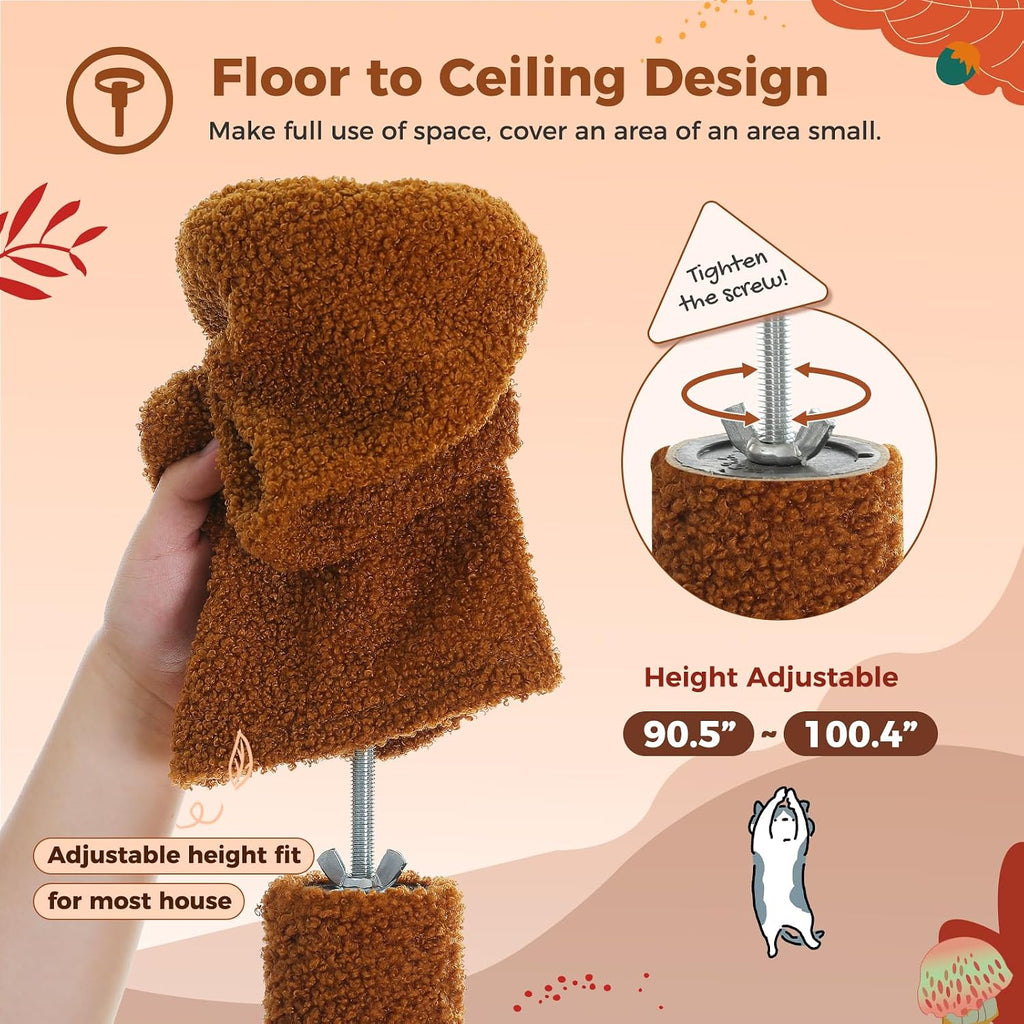 Floor to Ceiling Cat Tree Tower, Height Adjustable 230-252cm, Brown