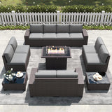 13 Pieces Outdoor Patio Furniture Set with 44" Fire Pit Table Brown Rattan Sectional Sofa Conversation Sets