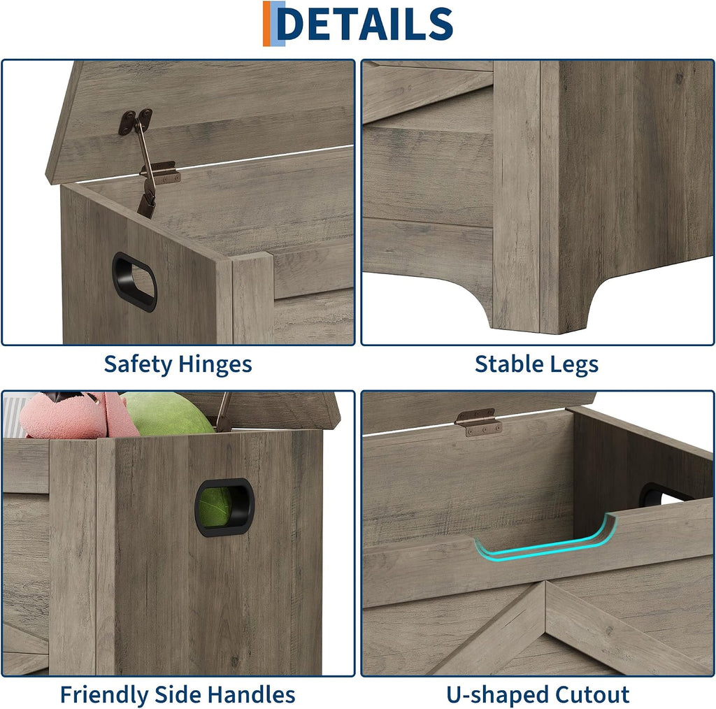 Wooden Storage Chest, Farmhouse Style Storage Bench with Safety Hinges, Wooden Trunk Toy Chest , 300 Lb Capacity