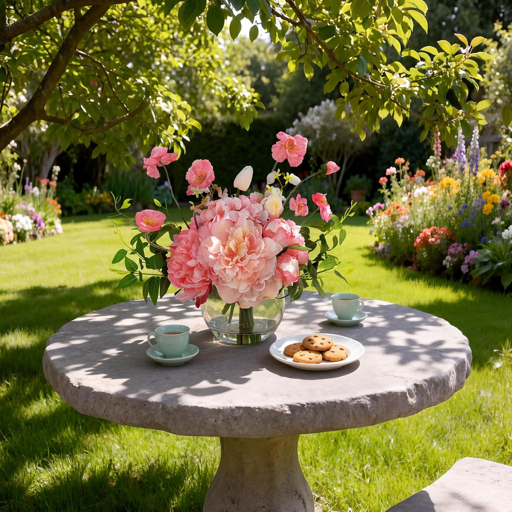 Peonies Artificial Flowers in Vase, Pink Artificial Flowers with Faux Water, Silk Peonies Flowers Arrangements Indoor
